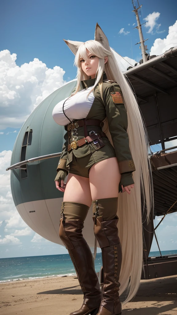 Airship,general,serious,Nine-tailed fox girl,long flowing hair,Big breasts,All American Body,Wear Sergeant Major Clothing,Wearing a sergeant's coat,black stockings