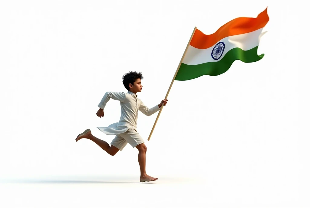 Dashig boy running with indian flag  side view. Boy wearing white kurta. Background white. 
