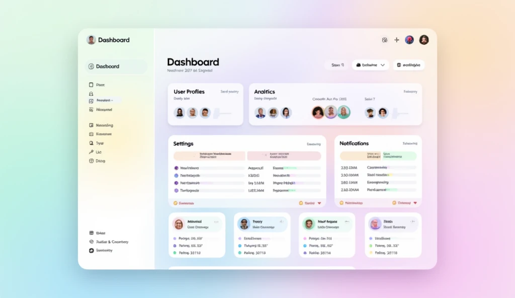 Design a vibrant and colorful pastel-themed UI dashboard that is both visually appealing and user-friendly. Use a mix of soft pastel colors such as mint green, lavender, peach, baby blue, and light pink to create a playful yet professional look. The dashboard should include key sections like 'Dashboard Overview,' 'User Profiles,' 'Analytics,' 'Settings,' and 'Notifications,' with each section distinctly color-coded using different pastel shades. Use a clean and modern font in dark gray or black for text to ensure readability against the pastel backgrounds. Incorporate rounded buttons, cards with soft shadows, and smooth hover animations to add a sense of depth and interactivity. The overall design should evoke a sense of calm and creativity, making the dashboard enjoyable to navigate while maintaining a professional tone.