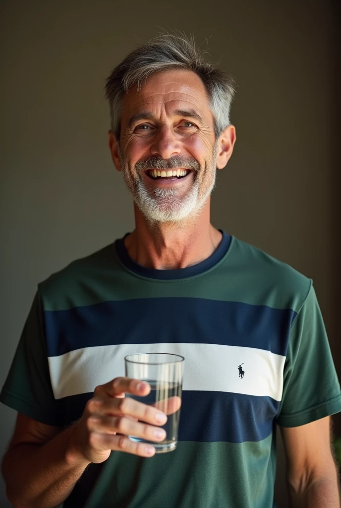 A 60 year old man holding a glass of water in his right hand, laughing, wearing a dark green, navy blue and white striped Ralph Lauren T-Shirt, his hair is very short and dark brown to gray, from germany