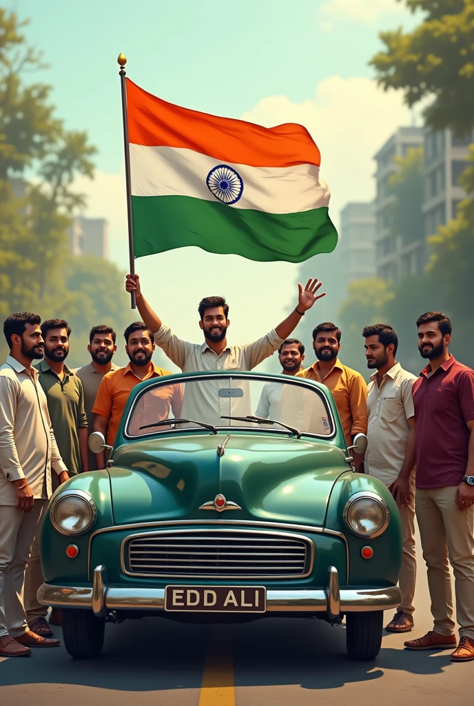 15th August men with Indian flag and Car pic