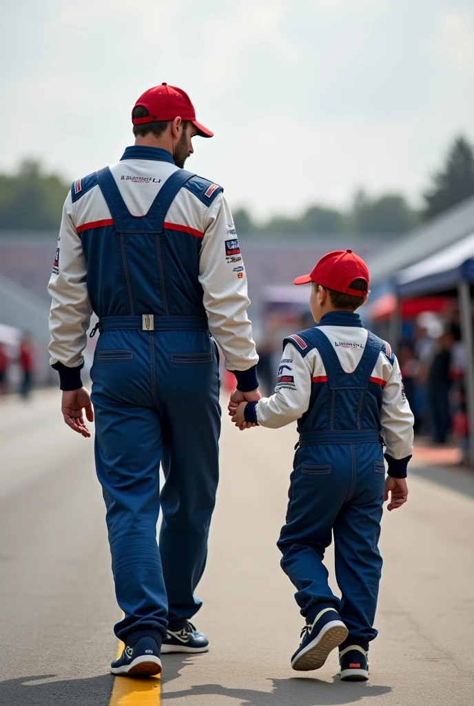 Father and son holding hands facing away from each other going to a car racing event, wearing racing overalls