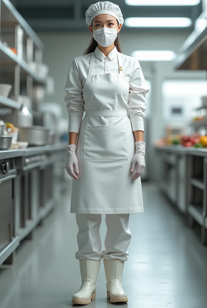 In 2d a lady with an apron, disposable cap, White uniform, gloves, face mask, Boots, of food industry