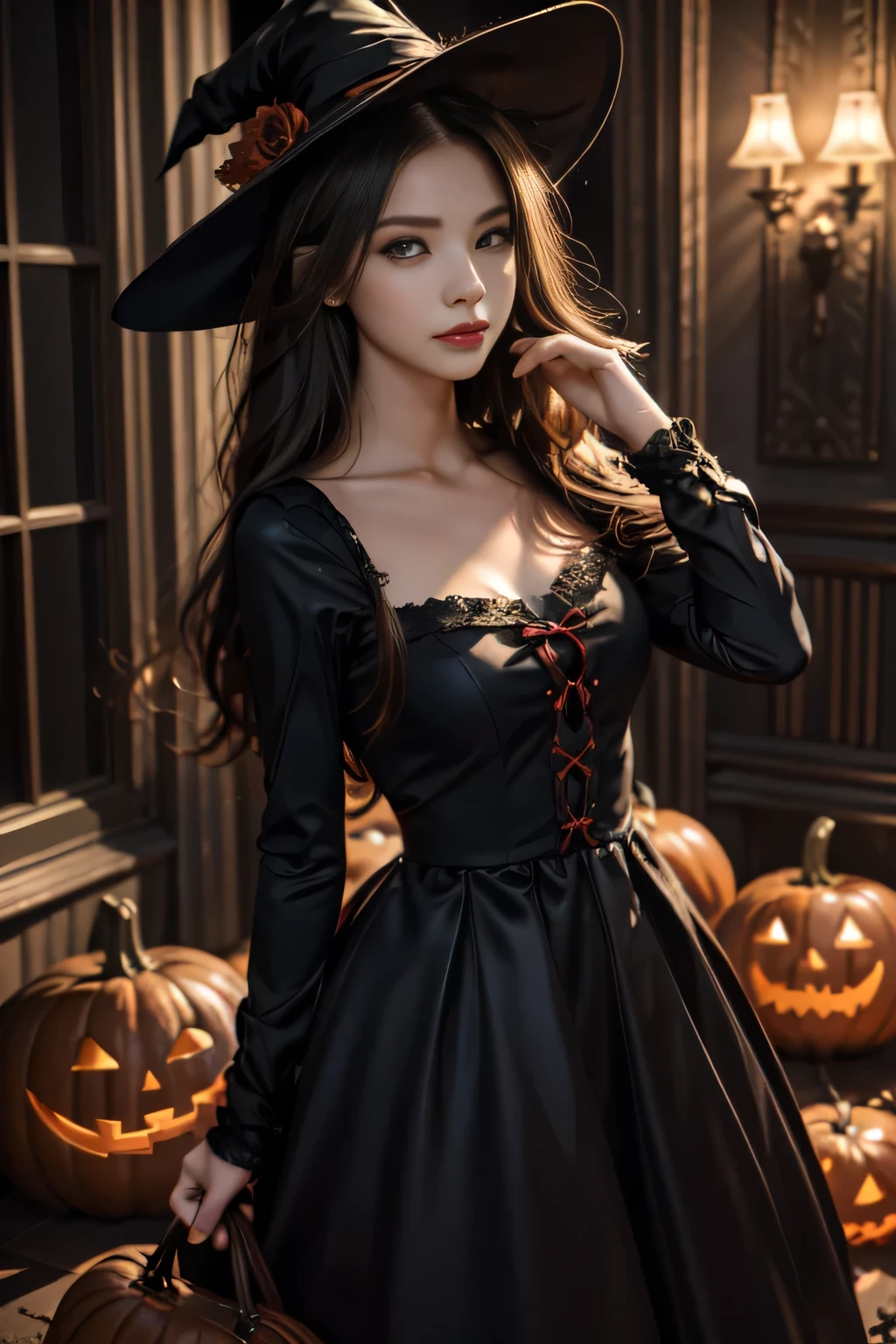 Black Hair, Hair shaking, victory, Long eyelashes, Solid round eye, A faint smile, ears red, direction, Surrealism, shadow, Relief, Stereogram, Standing picture, Throw, Atmospheric perspective, 8K, Super Detail, precise, best quality，Multiple sclerosis. Arafai, Wearing a black dress, Standing in front of a row of carved pumpkins, Halloween atmosphere, Halloween night, in a Halloween style, Halloween theme, Halloween art style, Halloween, Terrible but charming, Beautiful witch spooky woman, Beautiful witch, Halloween celebration, spooky Halloween night, trick or treat, Halloween scene, Beautiful witch, 