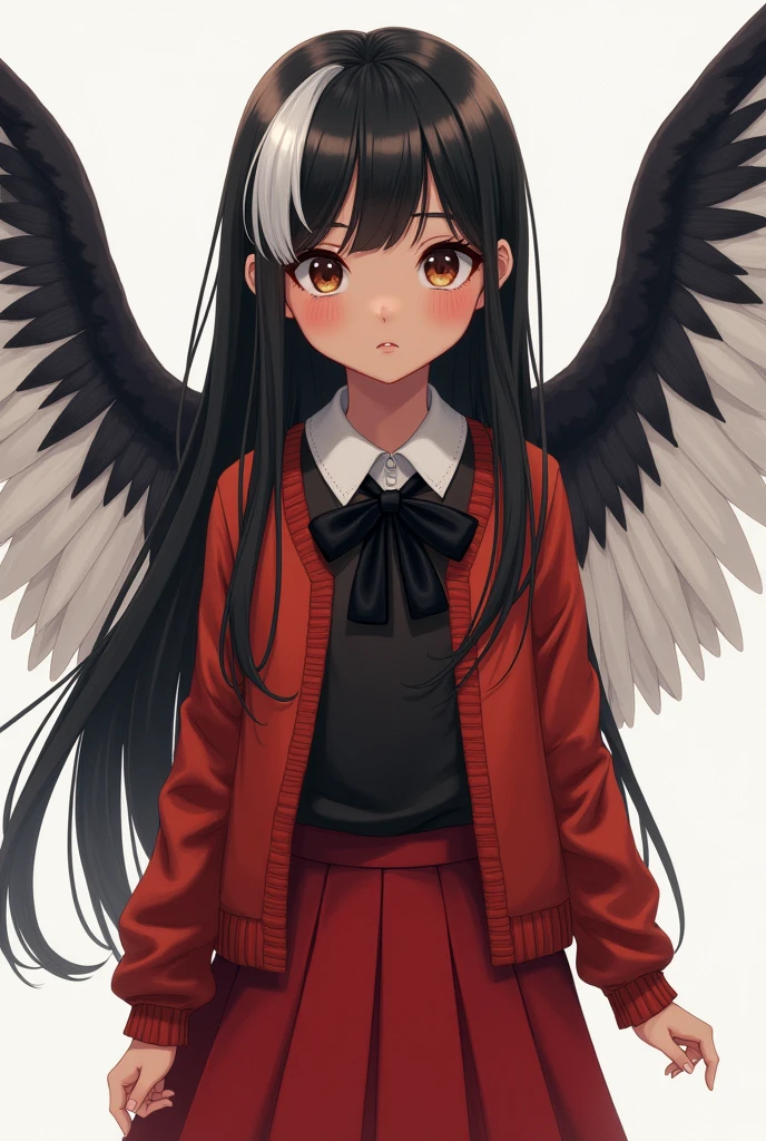 Little 7 year old girl with light brown skin with long black hair and a white lock wearing a black shirt with a short red sweater that reaches above her waist and has a black bow and a red skirt and has two-tone wings on her back, one is black and white