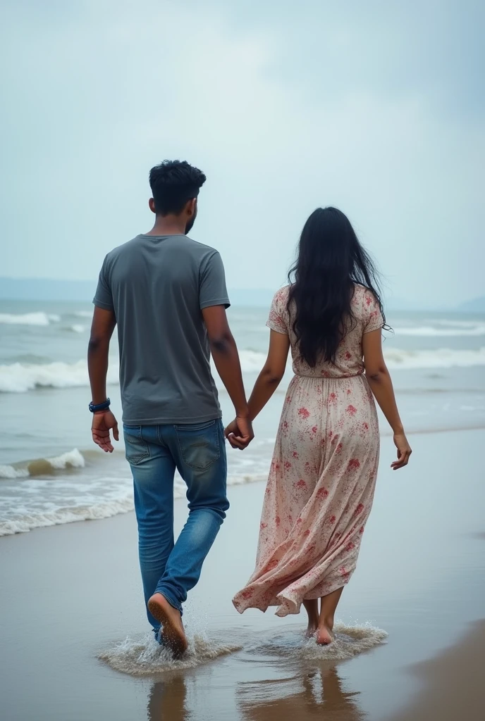 A boy age 27 south India from andhrapradesh wear jeans and t-shirt dusky skin and there was a girl age 25 north India from mumbai looks very modern she wears western dress looks very beautiful and active. Both are walking on beach the waves are touching their both legs and climate was cloudy and drizzling.