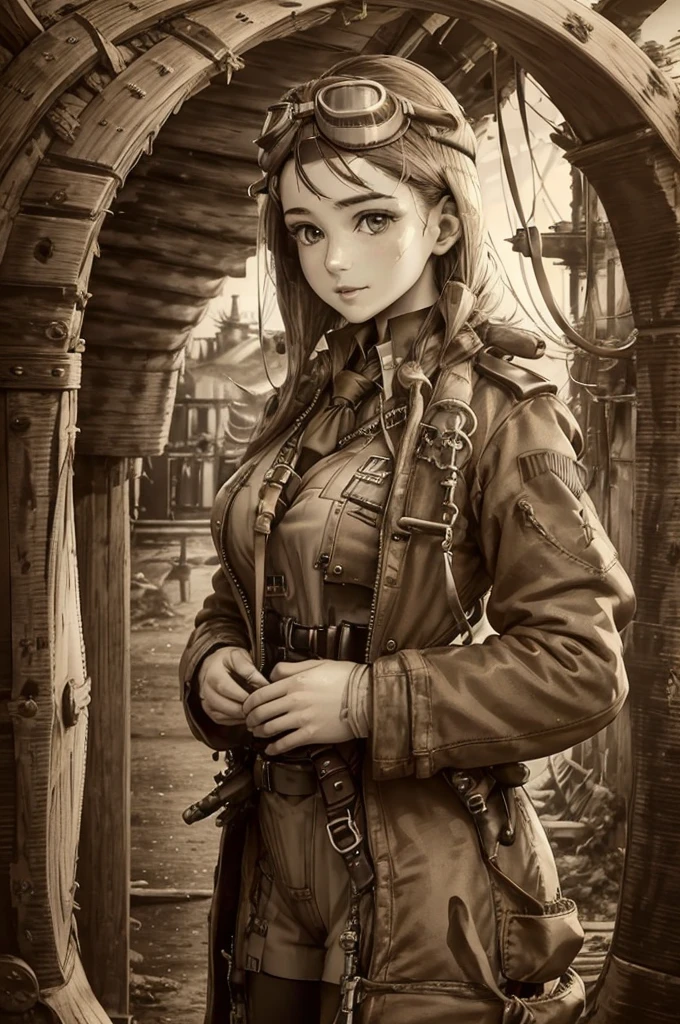 monochrome photography, High resolution, Ultra-detailed, Highly detailed CG Unity 8k wallpaper, Realistic, Photorealistic, RAW Photos, Beautifully detailed face, Realistic glowing skin, Detailed cloth texture, Detailed hair texture, Perfect body, Beautiful Face, Accurate, Anatomically correct, Highly detailed face and skin texture, Natural neck length, (Beautiful Hands), (Fair skin:1.2), break, 1 beautiful girl, WW2 pilot, military flight jacket, military uniform, (Beautiful Hands), Very_beautiful_face, very_beautiful_eyes, even_eyes, (reading the letter:1,3), (standing beside the plane:1.5), headset, goggles, cowboy_shot