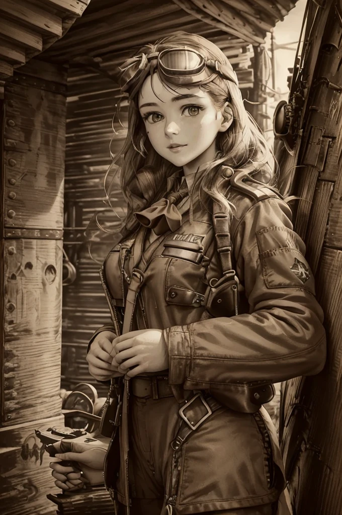 monochrome photography, High resolution, Ultra-detailed, Highly detailed CG Unity 8k wallpaper, Realistic, Photorealistic, RAW Photos, Beautifully detailed face, Realistic glowing skin, Detailed cloth texture, Detailed hair texture, Perfect body, Beautiful Face, Accurate, Anatomically correct, Highly detailed face and skin texture, Natural neck length, (Beautiful Hands), (Fair skin:1.2), break, 1 beautiful girl, WW2 pilot, military flight jacket, military uniform, (Beautiful Hands), Very_beautiful_face, very_beautiful_eyes, even_eyes, (reading the letter:1,3), (standing beside the plane:1.5), headset, goggles, cowboy_shot