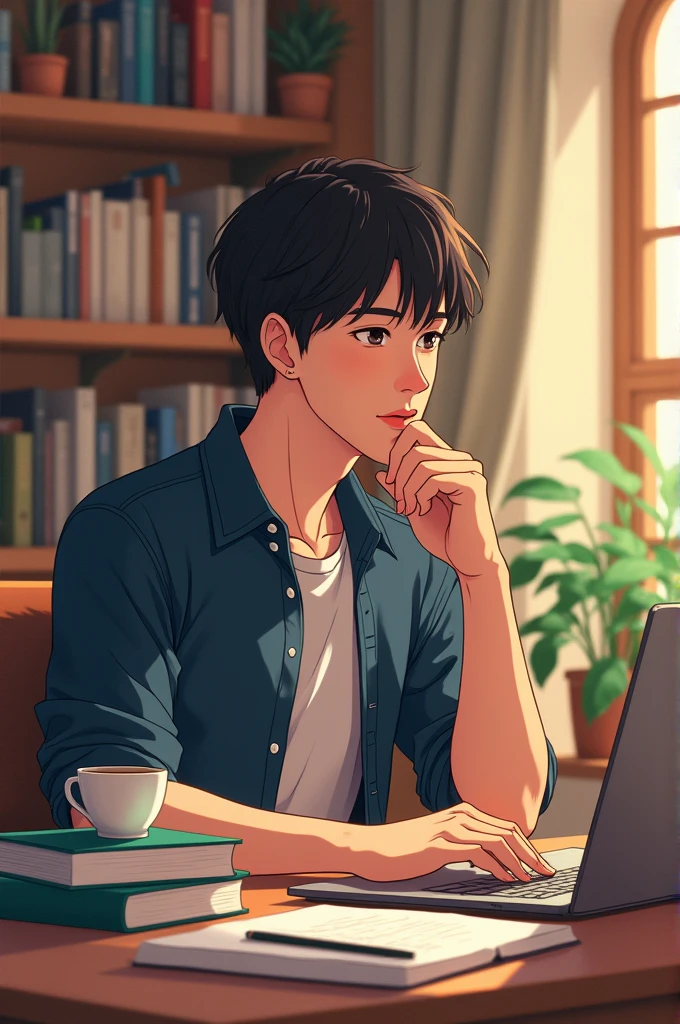 In anime style 
"Create a profile picture that reflects a male individual's interests without showing any person. The image should feature a stack of books, a laptop with graphic design software open, and a cup of coffee. The background should be a cozy study area with warm, inviting colors. Include subtle design elements like a desk lamp and a potted plant. Ensure the image does not include any person."