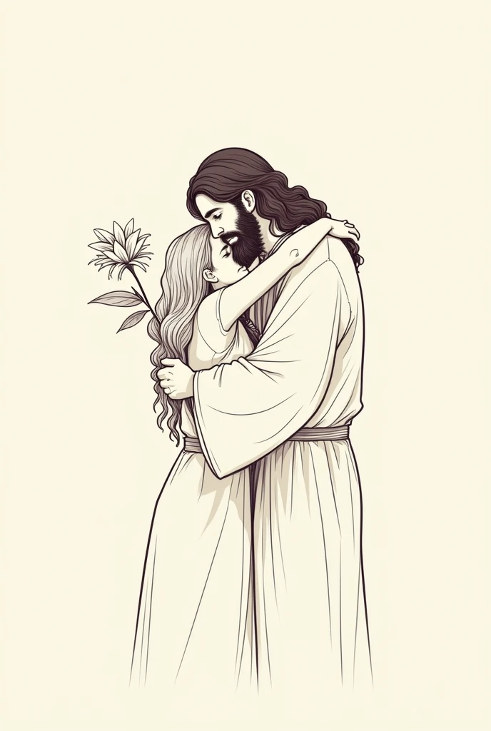 Create a simple image, similar to a continuous line sketch, in which Jesus is hugging a age-looking girl with long, curly hair. Jesus holds a JASMIN flower in his hand while hugging her, conveying a feeling of care and tenderness. The image should be minimalist, focusing only on the silhouettes and outline of the characters, without excessive realism, as if it were a drawing made with a single pen stroke.