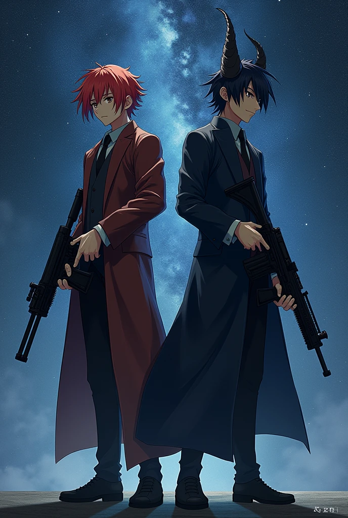 Two men stand holding guns together. The first one has short red hair that reaches his shoulders and fair skin. The second one is a taller man than the first one with black hair and dragon-like horns on his head. They stand next to each other holding guns in their hands. Both men are around 30 years old. The background is stars.