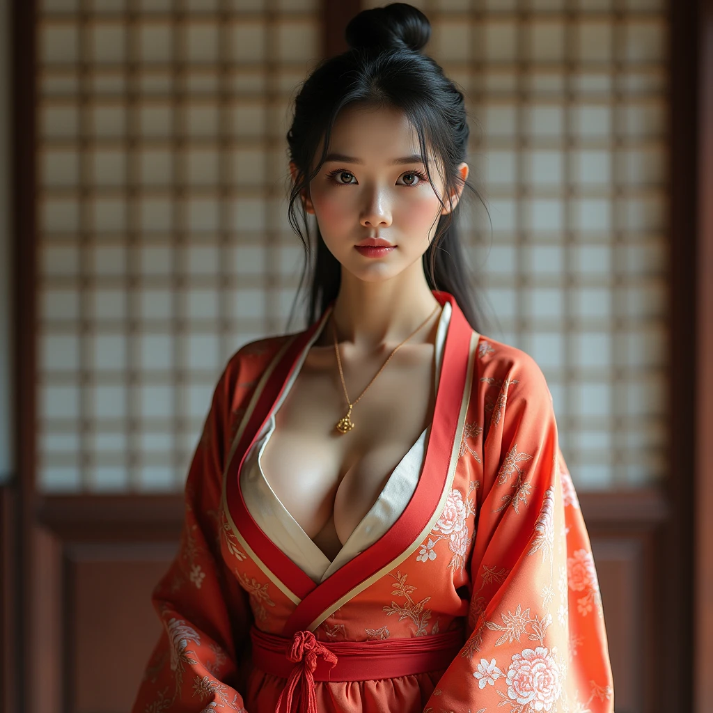 sexy Korean woman big boobs in traditional cloth hanbok in realistic style