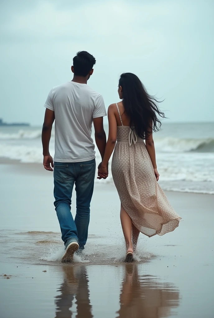 A boy age 27 south India from andhrapradesh wear jeans and t-shirt dusky skin and there was a girl age 25 north India from mumbai looks very modern she wears western dress looks very beautiful and active. Both are walking on beach the waves are touching their both legs and climate was cloudy and drizzling.