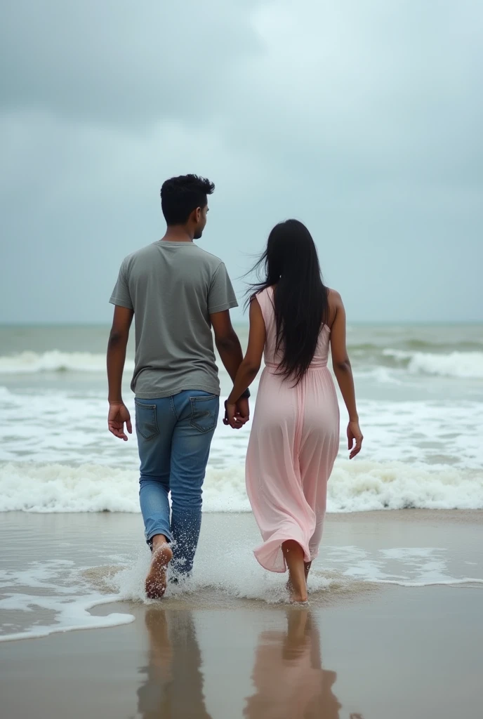 A boy age 27 south India from andhrapradesh wear jeans and t-shirt dusky skin and there was a girl age 25 north India from mumbai looks very modern she wears western dress looks very beautiful and active. Both are walking on beach the waves are touching their both legs and climate was cloudy and drizzling.