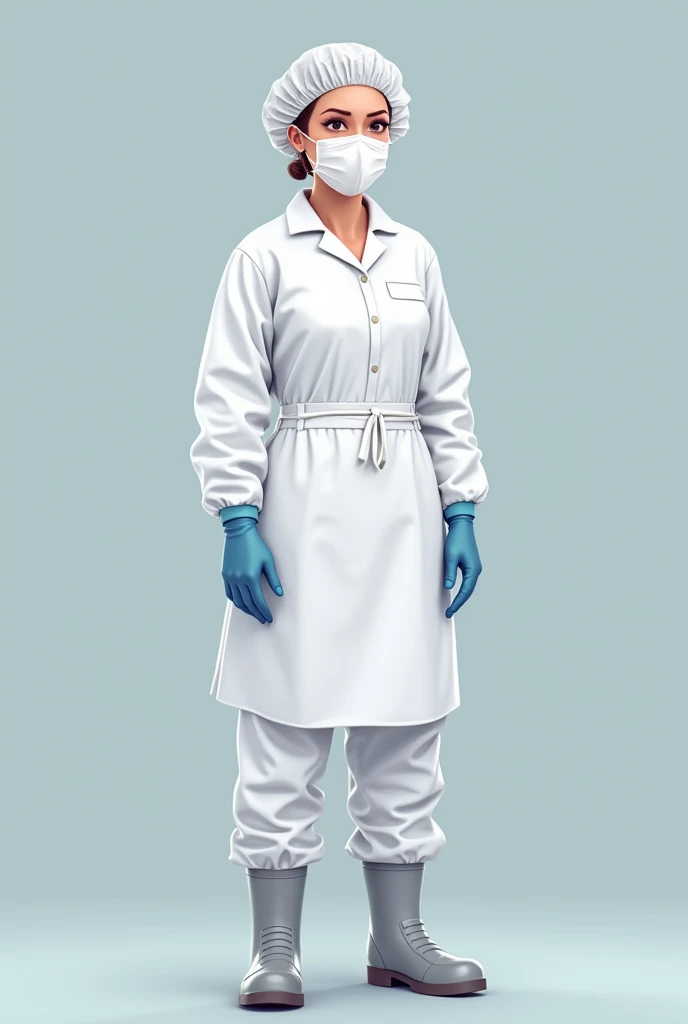 In 2d a lady with an apron, disposable cap, White uniform, gloves, face mask, Boots, of food industry without hair