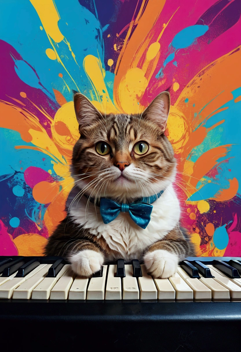 1cat, Meme, Keyboard Cat, cute cat, cartoon cat, funny cat, cat playing keyboard, colorful background, digital art, vector illustration, vibrant colors, bold colors, whimsical, humorous, meme style, internet culture, pop art, (4k,8k,highres:1.2), ultra-detailed, masterpiece, best quality, very aesthetic, absurdres