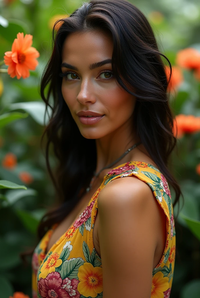 A Brazilian woman in a lush tropical garden, wearing an open shirt with a floral print, with a close-up capturing the harmonious beauty between her breasts and the natural flowers, showing off your natural charm and outgoing personality.