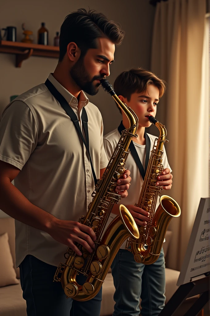 Generate an image with the father next to his son, both playing sax, one straight soprano sax, and the other baritone sax, I want a father without a beard, without any facial hair, and black hair, both with black hair