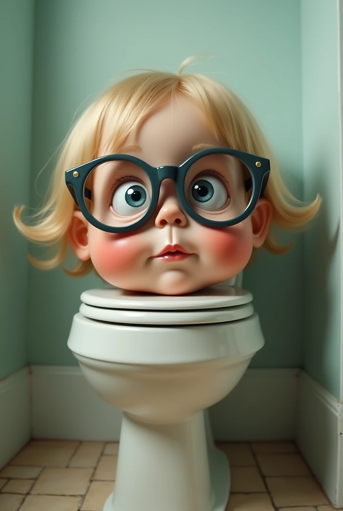 A child's head with glasses on a toilet