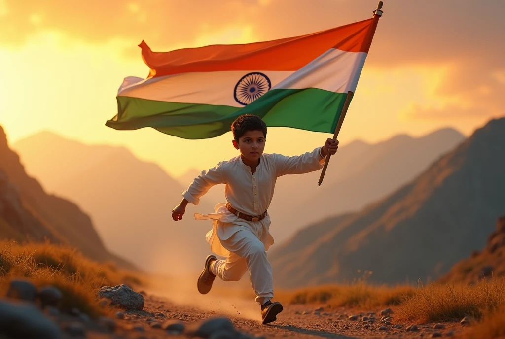 Dashig boy running with indian flag side view. Boy wearing white kurta. Background beautiful mountain & sunset. Closeup.