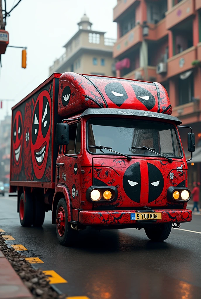 an Indian truck with Deadpool graphics