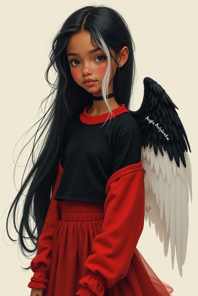  of 7  with light brown skin with long black hair and a white lock wearing a black shirt with a short red sweater that reaches above her waist and has a black achievement and a red skirt and has two-tone wings on her back, one is black and white and on one side has the text "Angela Astartea" 