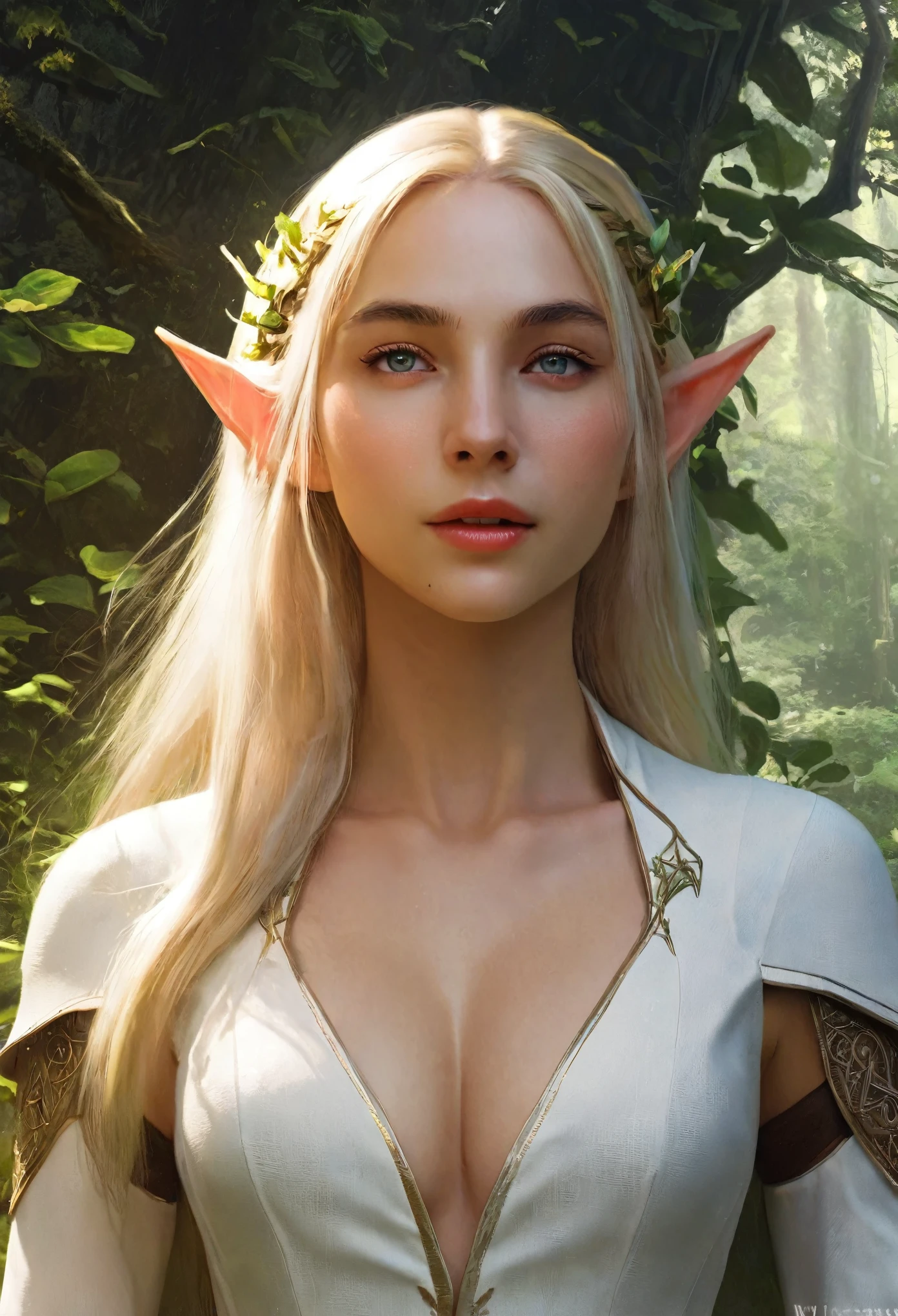 masterpiece, Highest quality, Intricate details, Gorgeous blonde elven woman, (mint eye), Celestine Lucullus, Perfect Anatomy, Perfect Face:1.1), White one-piece uniform, Sharp focus, ((alone:1.4), (Full Body Shot), View your viewers, Ultra-high resolution, (One Elf girl:1.4), Highly detailed illustration, Smooth, Extremely pixel perfect, Detailed Background, art:Wlop と Ross Tran, forest, Fascinating,Venus Body