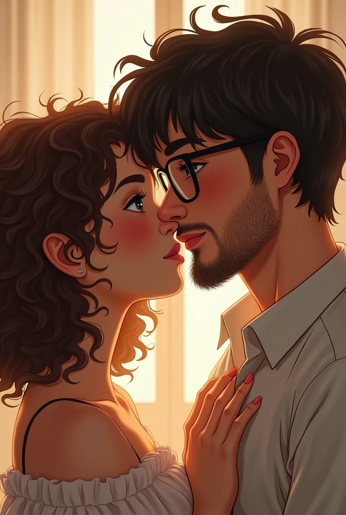 Draw a picture of a young couple in love, the girl has curly hair and the boy has straight hair and wears glasses and has a goatee It makes her hair more curly 