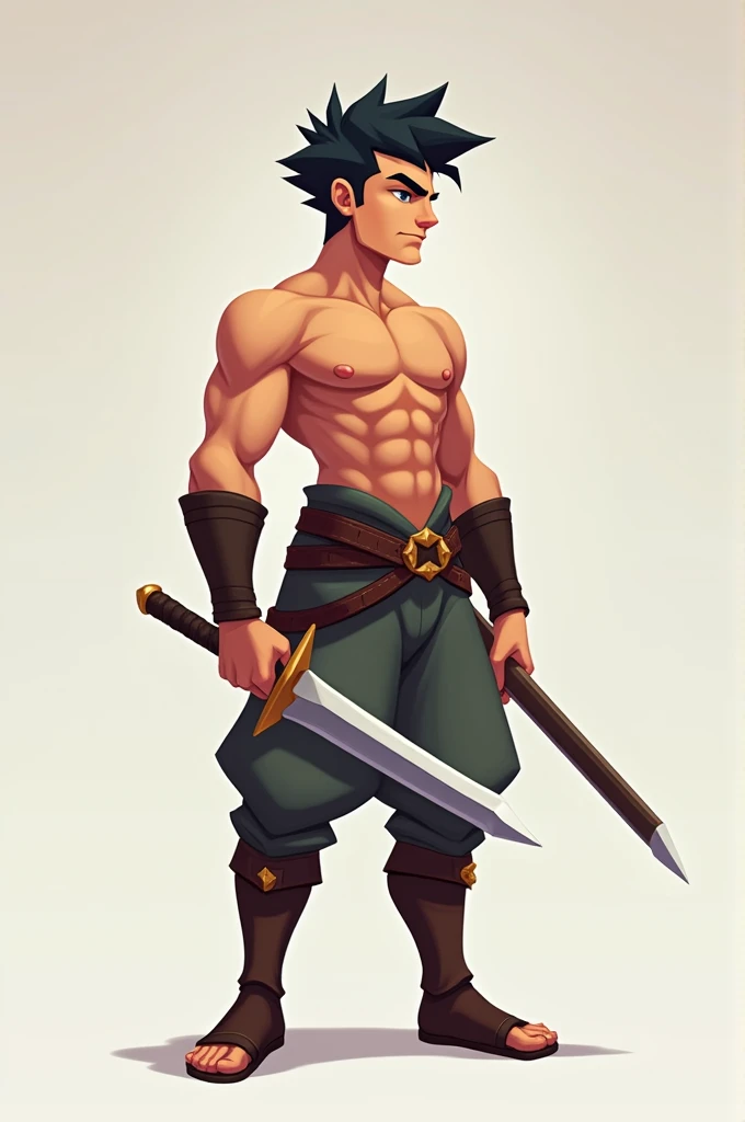 2d platformer game asset, game character, handsome warrior with short spiky black hair, wielding a sword, facing right,full body shot,plain background