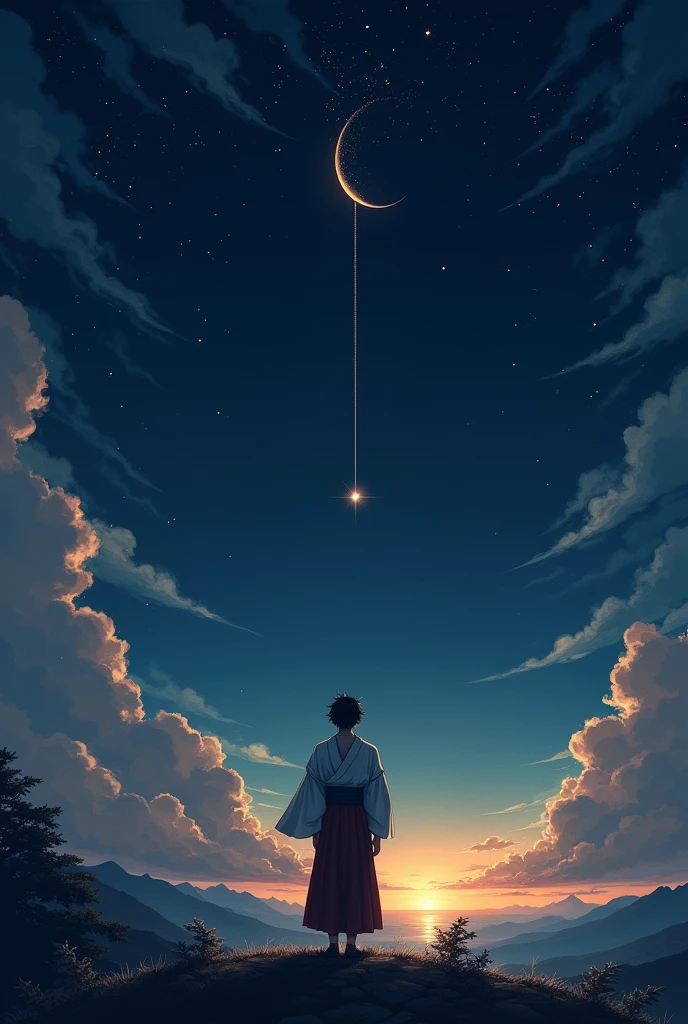 Draw in anime a man watching a shooting star pass by in the night sky and the moon in the distance
