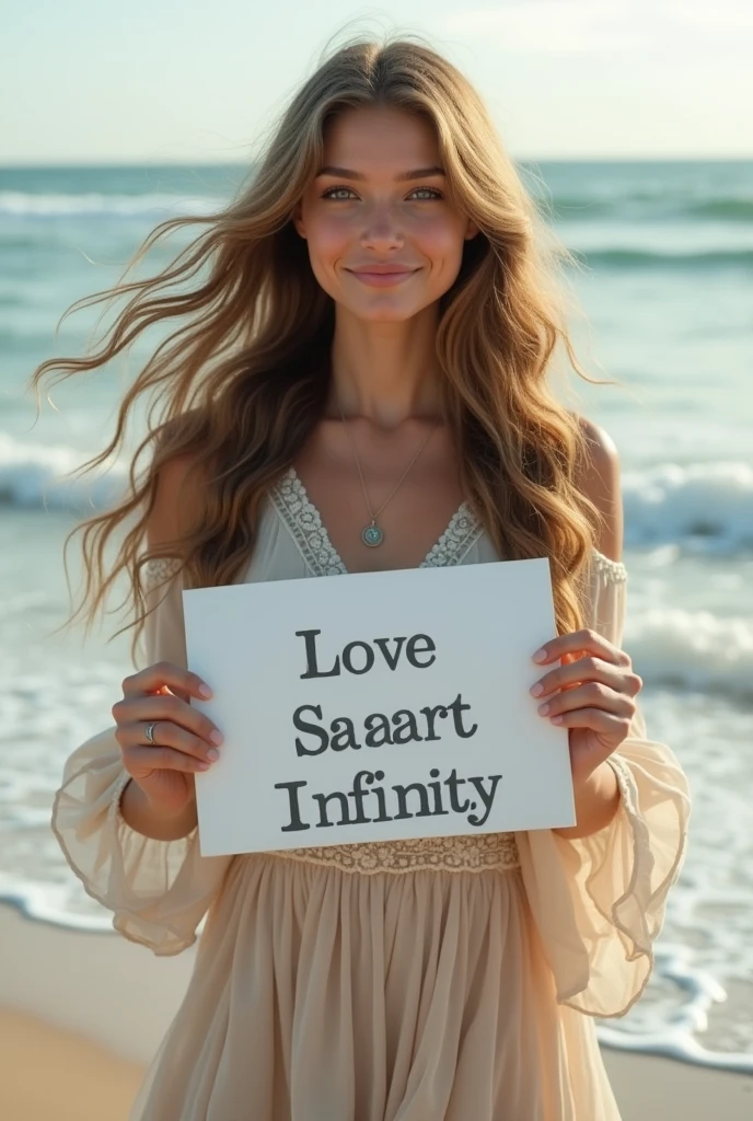 Beautiful girl with wavy long hair, bohemian dress, holding a white board with text "I Love Seaart Infinity" and showing it to the viewer