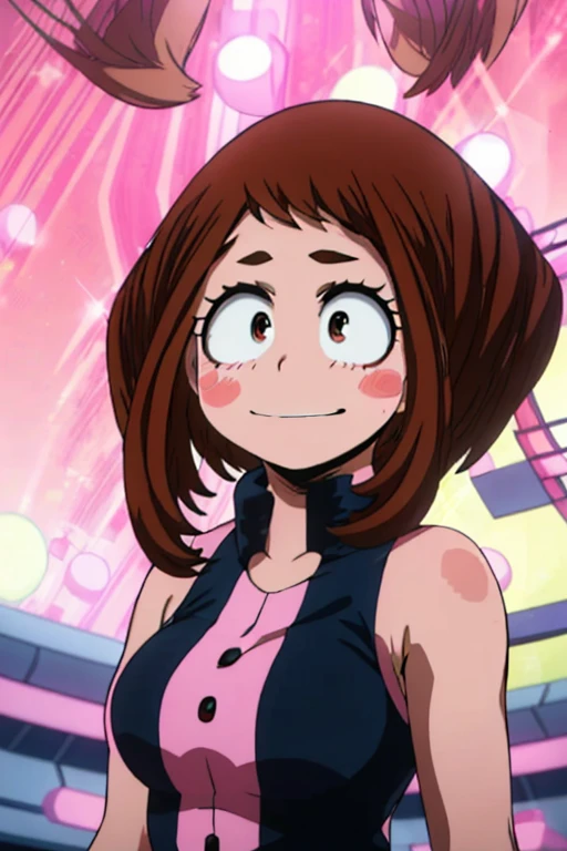 (Ochaco uraraka),(is a short girl with a curvy figure, fair skin and curly hair with eyes that match in color. She has perpetual pink blush on her cheeks, and her eyes are large and round with thick upper lashes, two more extended and more prominent on both sides and fewer, but more individually pronounced lower lashes. Her hair is shoulder-length with short bangs, and the style is balanced with two long strands framing her face),(Wearing),+,(a sexy bunny outfit that consisted of a larger black strapless one heart decots and showing feathers and super sexy and tight arms)