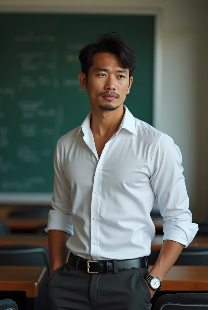 Vietnamese man, 30years old, asian,Handsome and elegant, Wearing a uniform, sexy , Masculine and handsome,musculous,Muscles look good,hairy bodies, 黑The eye(thin eyes 1:3), Full body photo,(ultra-detailed, photorealistic, best quality, 4k, 8k, highres, masterpiece:1.3), a mature man, charming and distinguished , (muscular build body), wearing tailored dress shirt, with the top button casually undone, perfectly fitted charcoal trousers , sweat, unbutton buttons shirt, lewd face ,tight chest, sex,See-through shirt, erotic, horny, look straight, Accessories include a luxury wristwatch, understated cufflinks, and a simple yet elegant leather belt, in the Classroom,looking at viewer,muscle veins,light tan skin,