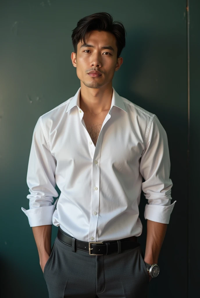 Vietnamese man, 30years old, asian,Handsome and elegant, Wearing a uniform, sexy , Masculine and handsome,musculous,Muscles look good,hairy bodies, 黑The eye(thin eyes 1:3), Full body photo,(ultra-detailed, photorealistic, best quality, 4k, 8k, highres, masterpiece:1.3), a mature man, charming and distinguished , (muscular build body), wearing tailored dress shirt, with the top button casually undone, perfectly fitted charcoal trousers , sweat, unbutton buttons shirt, lewd face ,tight chest, sex,See-through shirt, erotic, horny, look straight, Accessories include a luxury wristwatch, understated cufflinks, and a simple yet elegant leather belt, in the Classroom,looking at viewer,muscle veins,light tan skin,