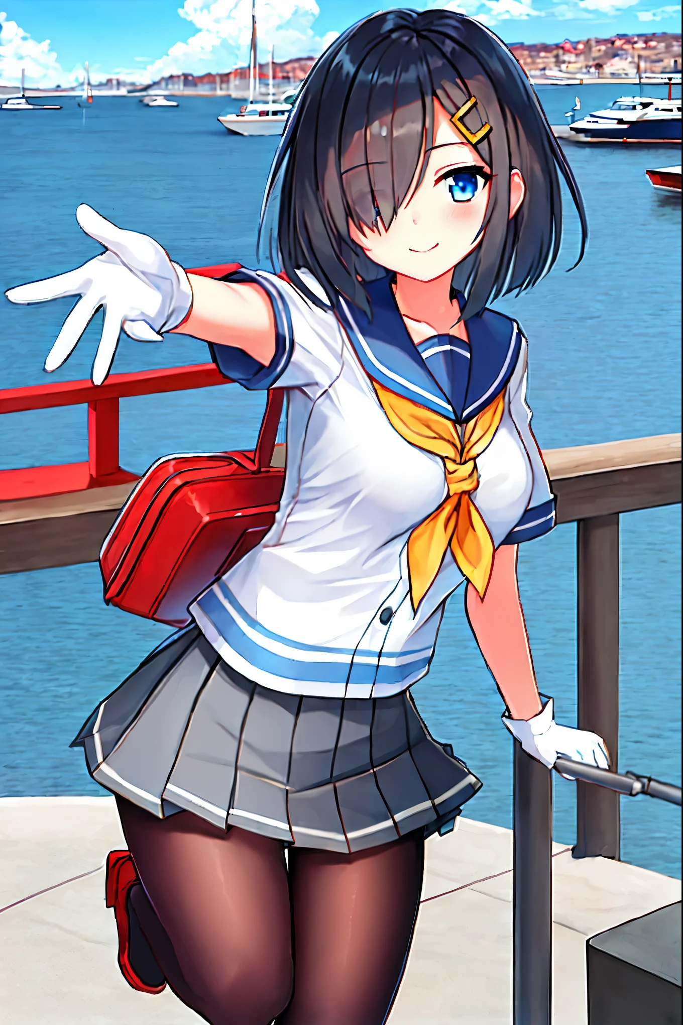 best quality, masterpiece, highres, solo, {hamakaze_kantaicollection:0.90}, 1girl, black_pantyhose, pleated_skirt, serafuku, short_sleeves, simple_background, white_background, yellow_neckerchief, white_gloves, looking_at_viewer, grey_skirt, blush, eyes_visible_through_hair, blue_sailor_collar, dynamic_posing,long_bangs,hair_over_one_eye,harbor_school_landscape_background,outdoor,smile,