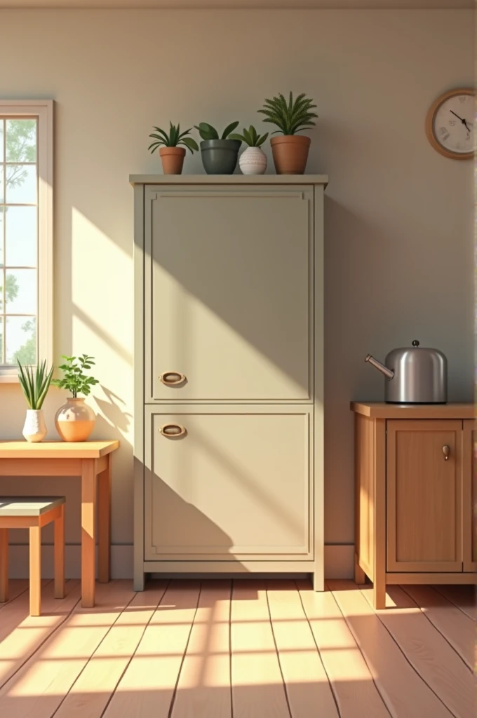 The cupboard is in between the table and the door.