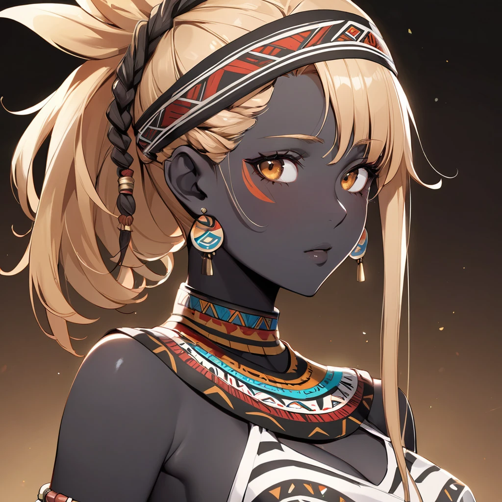 ((Highest quality)), ((masterpiece)), (detailed), (Perfect Face)、The woman has bright black skin、Strong curly hair、Black skinned black man with black skin、The amount of hair is small、Light brown hair、Very short curly hair、Braided hair with detailed braids and slicked back、Tribal hairstyle、Her hair is thin and she wears a tribal headdress and a tribal headscarf.、African black woman beautifully dressed in tribal clothing, tribal earrings and tribal accessories, wearing tribal makeup、A beautiful tribal woman with tattoos all over her body