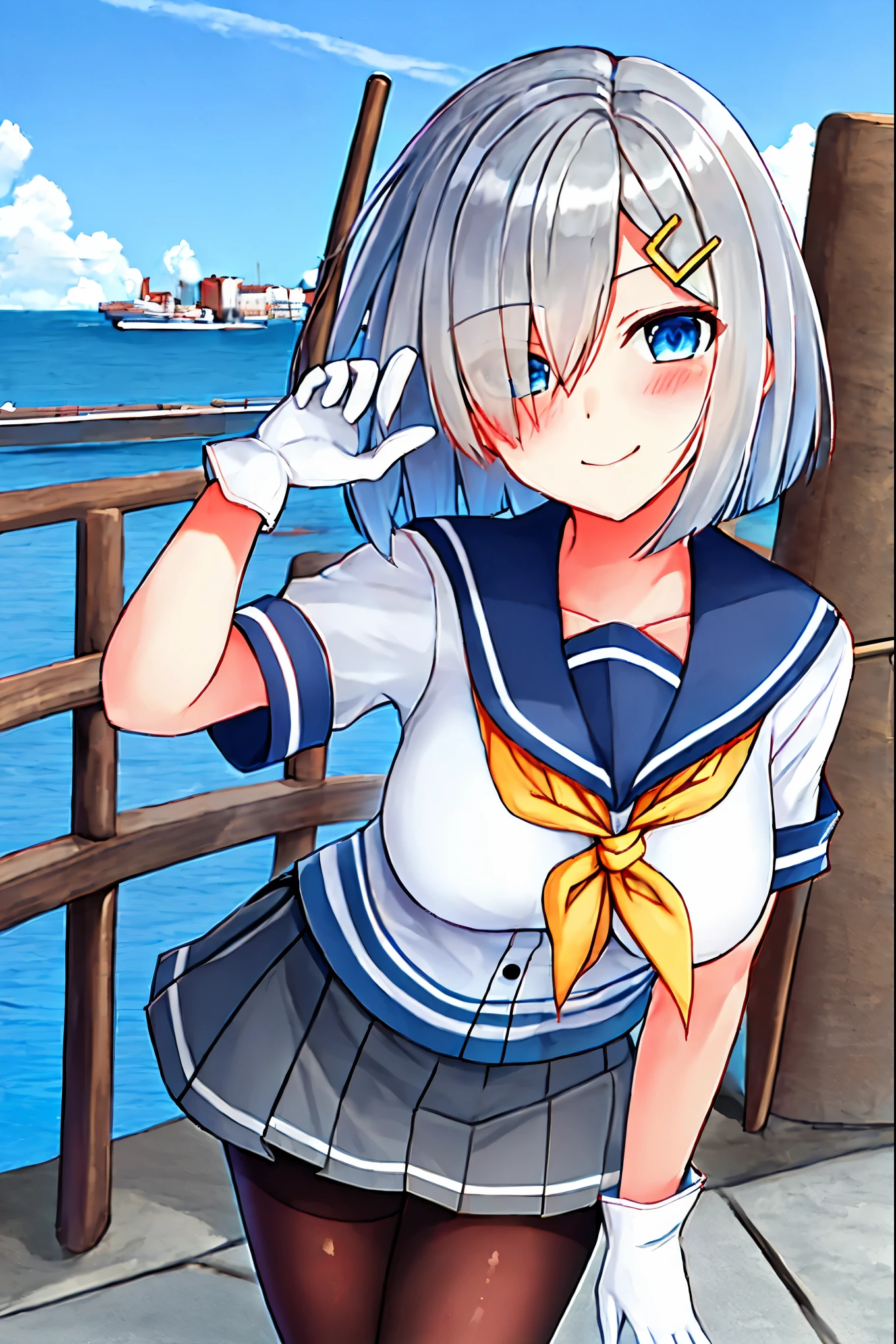 best quality, masterpiece, highres, solo, {hamakaze_kantaicollection:0.90}, 1girl, black_pantyhose, pleated_skirt, serafuku, short_sleeves, simple_background, white_background, yellow_neckerchief, white_gloves, looking_at_viewer, grey_skirt, blush, eyes_visible_through_hair, blue_sailor_collar, dynamic_posing,long_bangs,hair_over_one_eye,harbor_school_landscape_background,outdoor,smile,