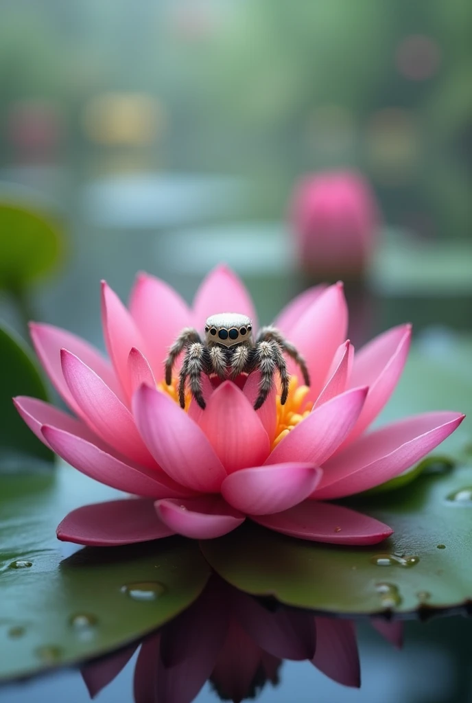 can you make a picture of big spider above the water lily or on the water lily make it more usable as a cellphone wallpaper, make it small spider and cute and make the pink water lily bigger than the spider
