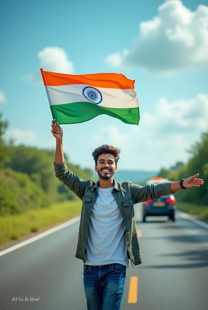 15th August smart 20 year boy  with Indian flag and Car at highways pic with Name SUHAIL 
