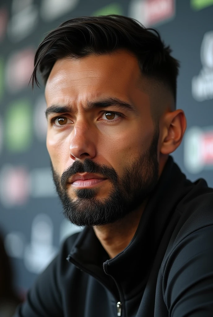 A coach has a youthful appearance, with light brown skin and a dark beard, full and well defined, that complements your serious look. Your hair is equally dark, with a modern cut, possibly short on the sides and a little longer on top, styled in a simple and clean way. His face is angular, with a marked jaw, and his eyes, also dark, convey an expression of focus and determination. He wears a black tracksuit, which contributes to a professional and prepared image, typical of a coach who values seriousness and discipline, at a press conference