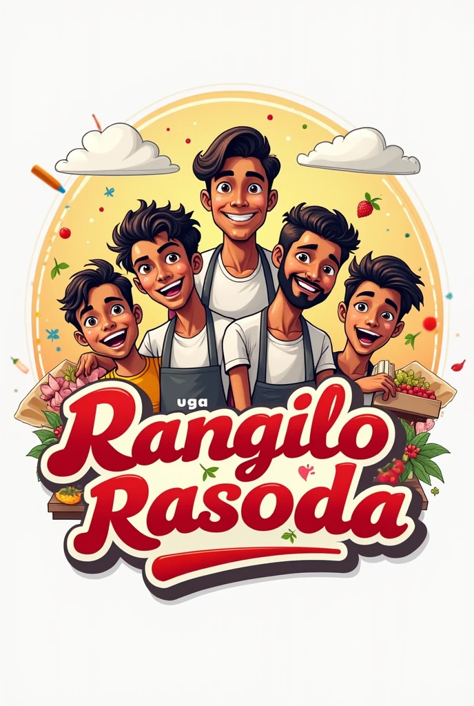 create a logo for cloud kitchen called Rangilo rasoda with image of young hot men and her siblings also name of the kitchen should be there