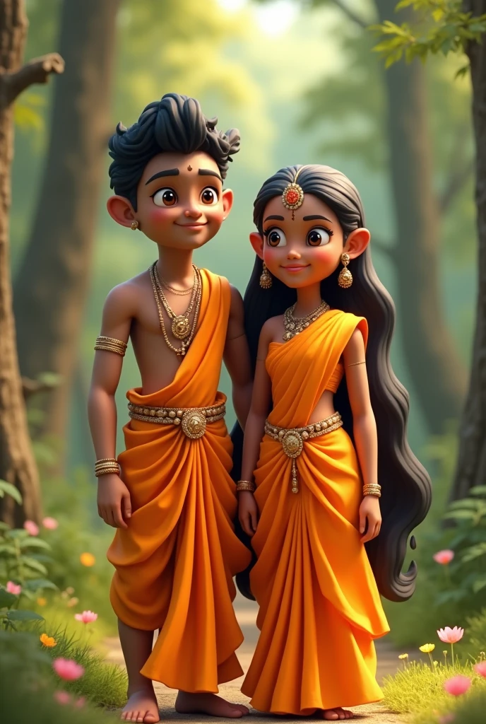 Generate a 3D illustration of a 24-year-old Indian couple in traditional attire, standing in front of the forest she wears a orange saree. Them resembling ram and sita