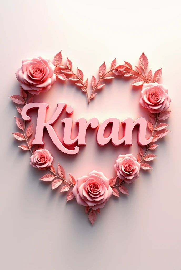 Create a 3-d text of Kiran with heart and rose having leaf flower combinations