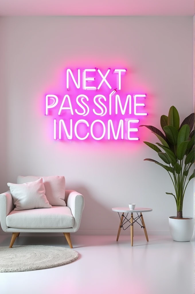 A minimalist white room with a neon sign on the wall. The sign is In very bright shocking-pink neon that reads 'You achieve financial freedomwhen your passive income exceeds your expenses'. Below the sign is a white sofa to the left of the sign is a small table with a tall plant on it, typography, vibrant, photo