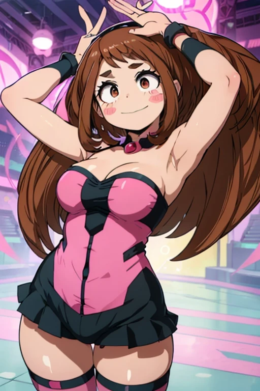 (Ochaco uraraka),(is a short girl with a curvy figure, fair skin and curly hair with eyes that match in color. She has perpetual pink blush on her cheeks, and her eyes are large and round with thick upper lashes, two more extended and more prominent on both sides and fewer, but more individually pronounced lower lashes. Her hair is shoulder-length with short bangs, and the style is balanced with two long strands framing her face),(Wearing),+,(a sexy bunny outfit that consisted of a larger black strapless one heart decots and showing feathers and super sexy and tight arms)