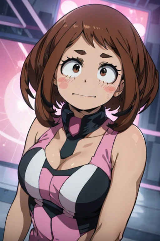 (Ochaco uraraka),(is a short girl with a curvy figure, fair skin and curly hair with eyes that match in color. She has perpetual pink blush on her cheeks, and her eyes are large and round with thick upper lashes, two more extended and more prominent on both sides and fewer, but more individually pronounced lower lashes. Her hair is shoulder-length with short bangs, and the style is balanced with two long strands framing her face),(Wearing),+,(a sexy bunny outfit that consisted of a larger black strapless one heart decots and showing feathers and super sexy and tight arms)