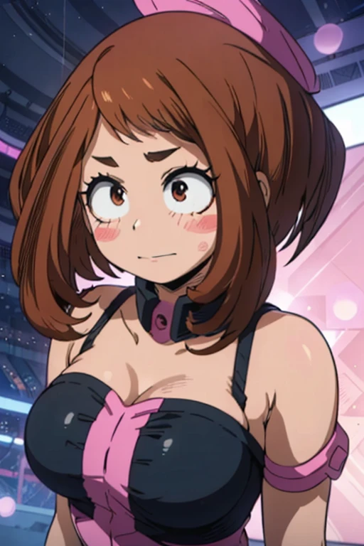 (Ochaco uraraka),(is a short girl with a curvy figure, fair skin and curly hair with eyes that match in color. She has perpetual pink blush on her cheeks, and her eyes are large and round with thick upper lashes, two more extended and more prominent on both sides and fewer, but more individually pronounced lower lashes. Her hair is shoulder-length with short bangs, and the style is balanced with two long strands framing her face),(Wearing),+,(a sexy bunny outfit that consisted of a larger black strapless one heart decots and showing feathers and super sexy and tight arms)