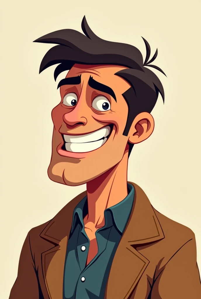 A man with a lift of his chin and a grin on his face with a coat sitting[ cartoon ]
