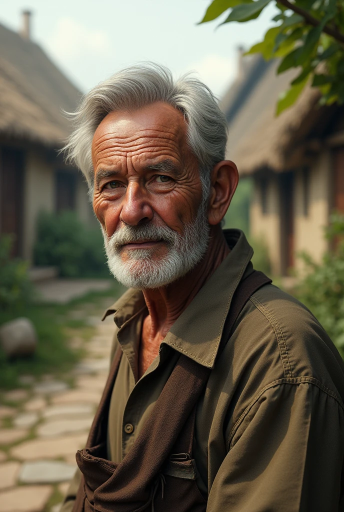 A picture of an old man in a village setting